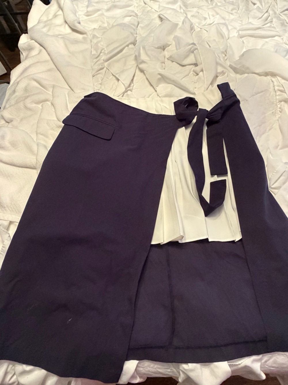 VERY UNIQUE! Classic Navy Wrap Skirt with White Pleat Detail